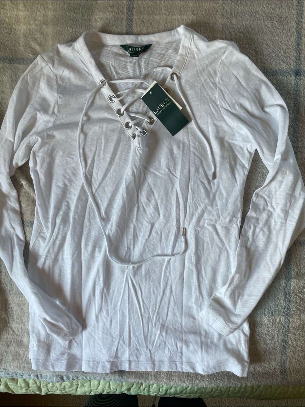 Ralph Lauren White Lace-Up V-Neck Long Sleeve Tee